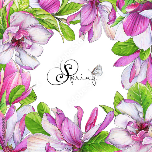 Template for congratulations or invitations to the wedding in green and pink colors. Illustration by markers, beautiful composition of magnolias and twigs with leaves.
