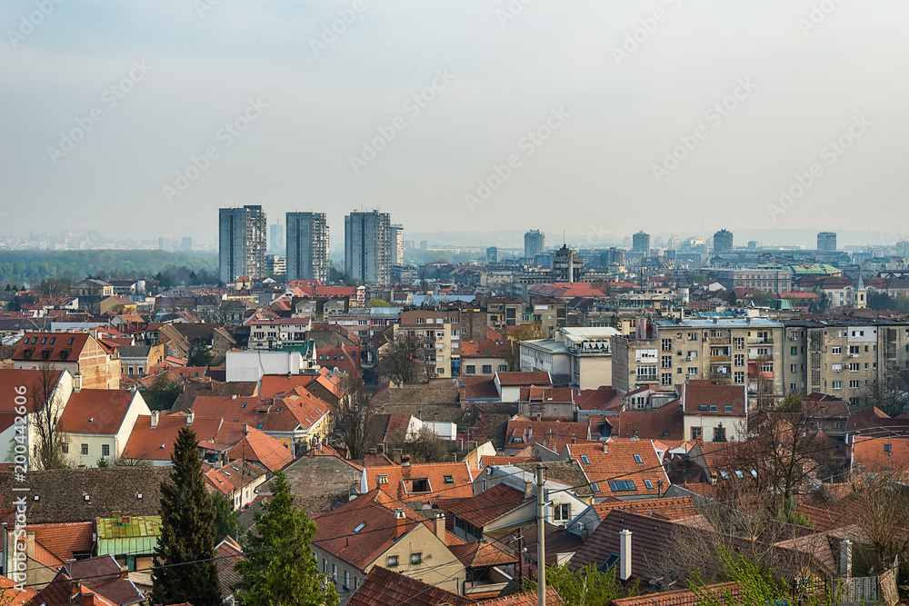 Belgrade, Serbia April 07, 2018: Panorama of Belgrade and roofs of Zemun from the tower of Gardos.