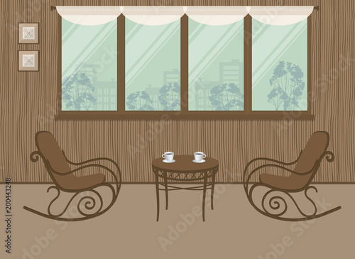 Two rocking chairs and a coffee table on the window background. Interior of balcony-loggia with wooden walls. There are also pictures on the wall in the image. Vector illustration
