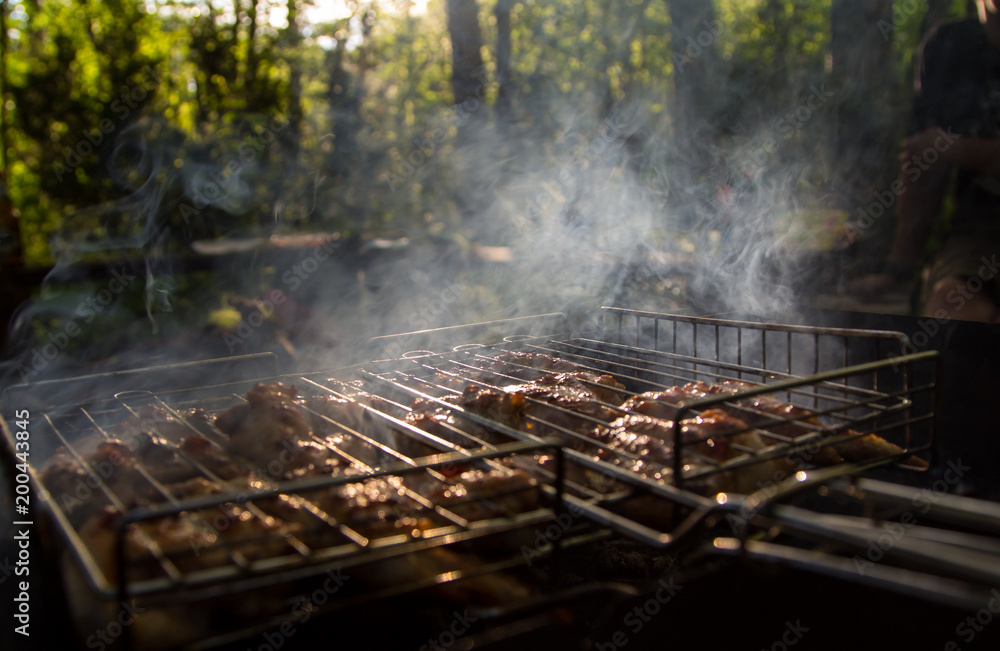 Barbecue with delicious grilled meat on the grill grate Barbecue with delicious grilled meat on the grill grate