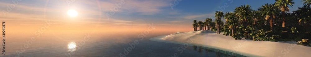 panorama of a sea sunset over a tropical beach with palm trees,
3D rendering
