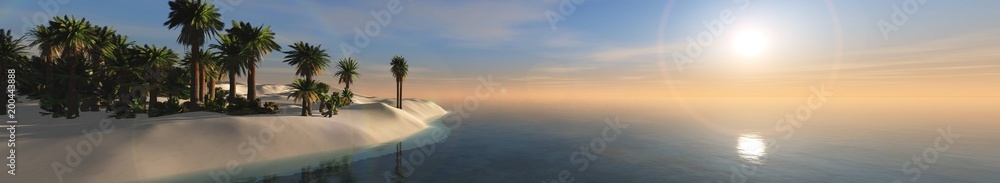 panorama of a sea sunset over a tropical beach with palm trees, 3D rendering 