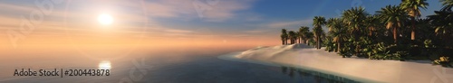 panorama of a sea sunset over a tropical beach with palm trees, 3D rendering 