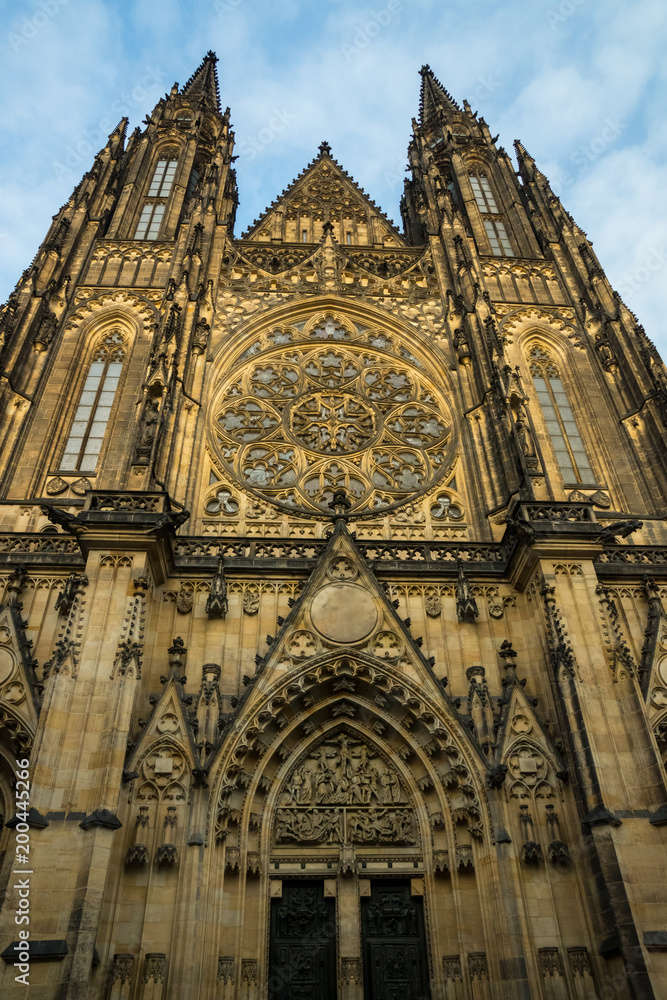 Front view of the St. Vitus Cathedral in Prague city.