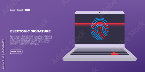 Scan Fingerprint on laptop. Identification system. Biometric authorization and business security concept. Illustration of application scanning fingerprint. Vector illustration in isometric style
