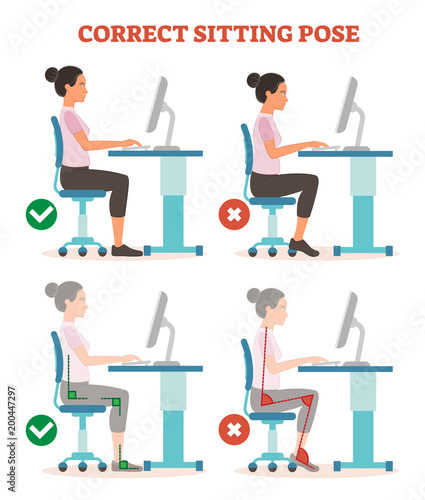 Correct sitting pose in work place health care informational poster, vector illustration scheme.