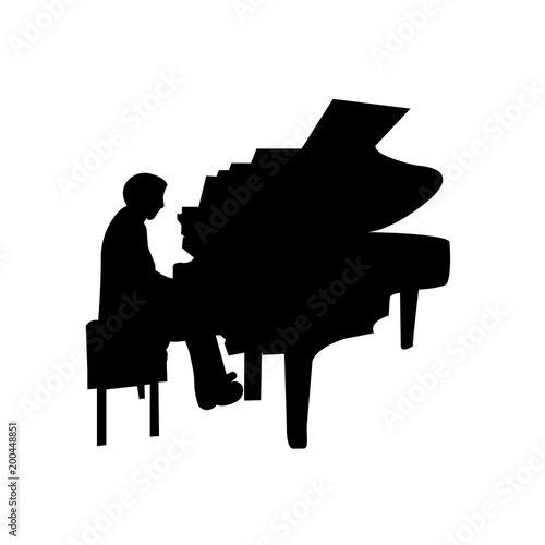 piano player silhouette on white background, in black