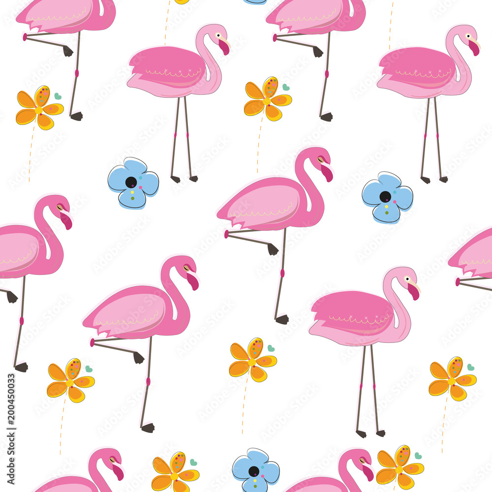 Flamingos with spring time colorful doodle flower. Flamingos with different poses seamless pattern background Flamingos with spring time colorful doodle flower. Flamingos with different poses seamless pattern background