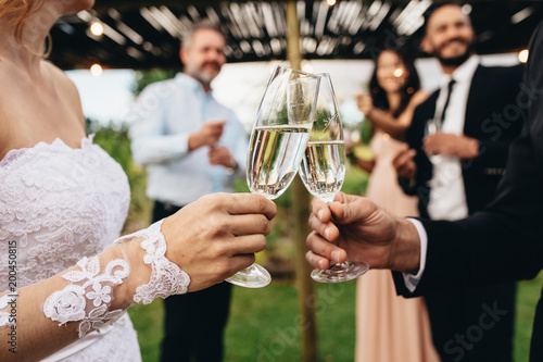 Newlyweds clinking glasses at wedding reception photo