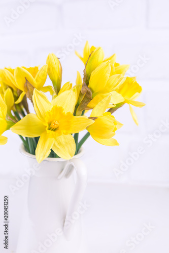 Fototapeta Naklejka Na Ścianę i Meble -  Jar with narcissuses at the white background. Spring, mothers day and easter concept