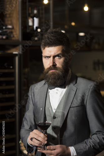 perfect wine. wine glass in hands of serious bearded man in formal suit.