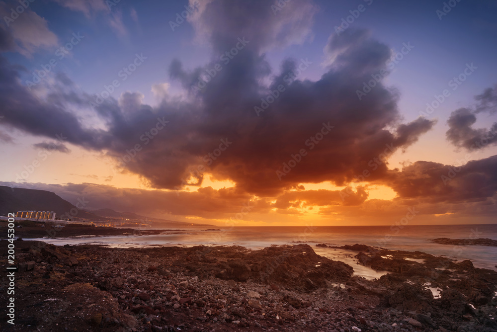 Sunset in Punta del Hidalgo, north Tenerife coastline, Canary islands, Spain.