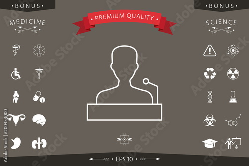 Speaker, orator speaking from tribune - line icon