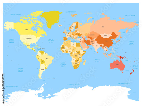 World map atlas. Colored political map with blue seas and oceans. Vector illustration.