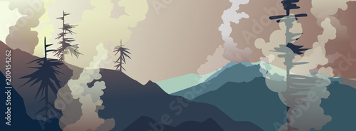 Panorama of foggy mountains with trees. Morning rocks. Adventure. Landscape. Travel.