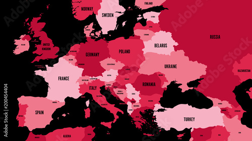 Political map of Europe and Caucasian region in shades of maroon on dark background. Simple flat vector illustration.