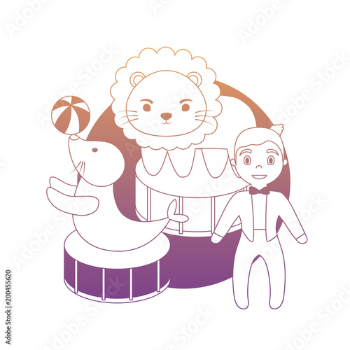 circus show with animals and announcer man over white background, colorful design. vector illustration