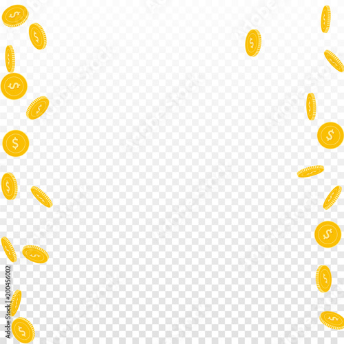 American dollar coins falling. Scattered sparse USD coins on transparent background. Unusual messy border vector illustration. Jackpot or success concept.