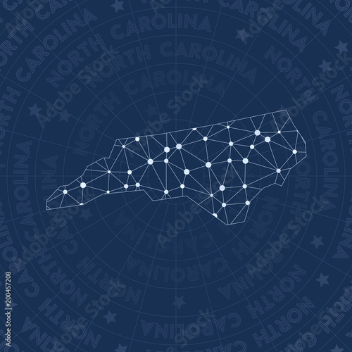 North Carolina network, constellation style US state map. Admirable space style, modern design. North Carolina network map for infographics or presentation.