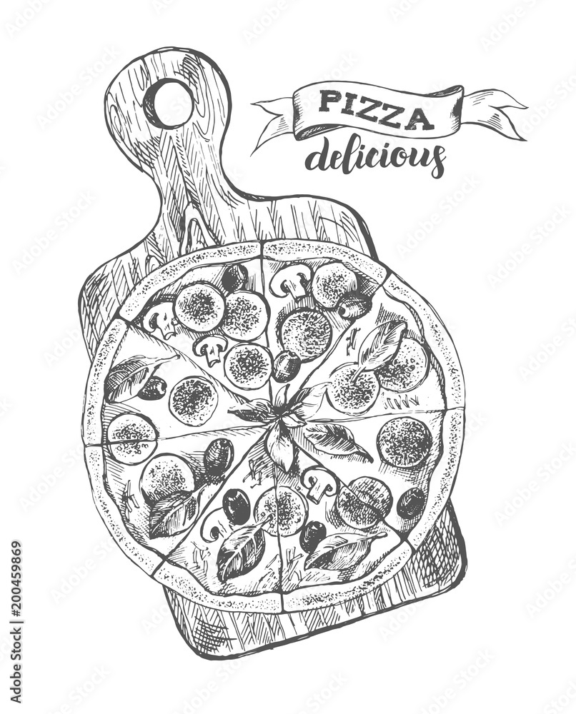 Fototapeta Pizza with pepperoni, olives and champignons on a wooden cutting board. Italian cuisine. Ink hand drawn Vector illustration. Top view. Food element for menu design.