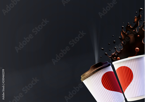 Coffee Love Poster Template. White Ripple Cups with a Red Heart and Splash on a Black Background