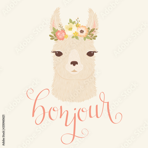 Llama in a floral wreath vector illustration.