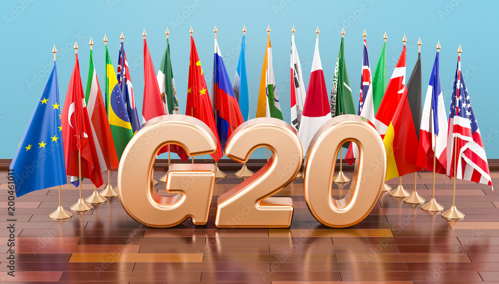 G20 Meeting Concept Flags Of All Members G20 3D Rendering Stock 