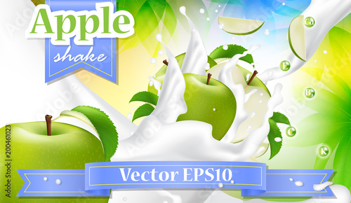 Apple milk vector realistic banner. Promo poster for advertising. 3d concept template for dairy product. Apple slices falling