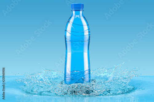 Water bottle with splash, 3D rendering