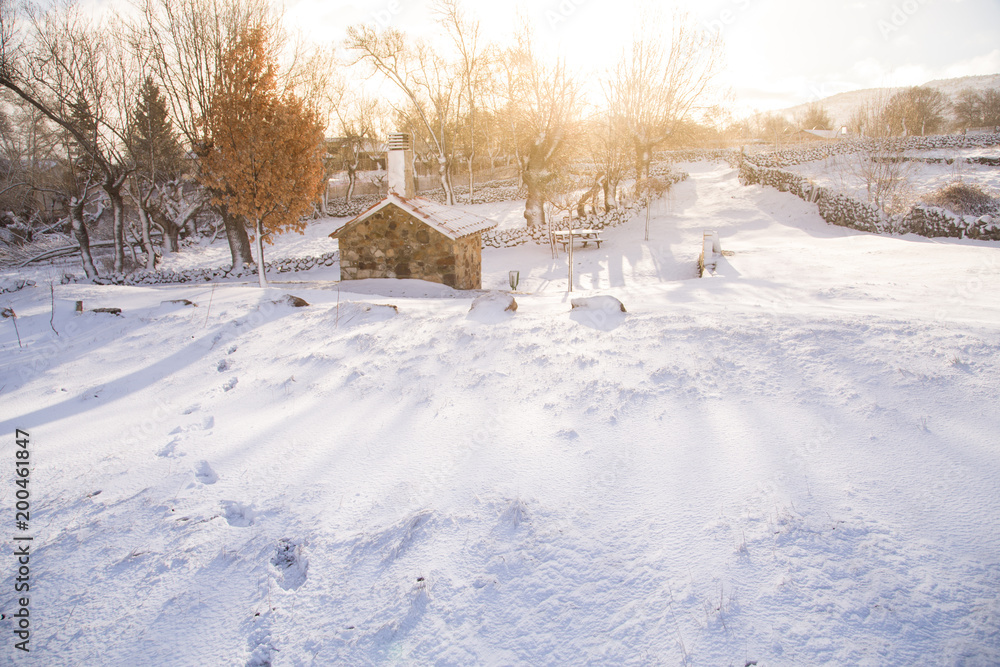 Naklejka premium Snowy landscape in Ocenilla village in Soria Spain