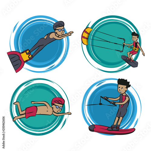 Water sports cartoons round icons vector illustration graphic design