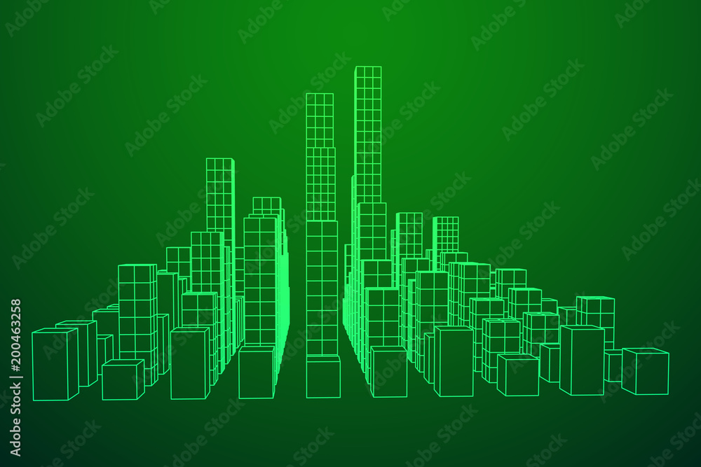 Obraz premium Mesh low poly wireframe cubes array like skyscraper city. Connected lines town. Connection Box Structure. Digital Data Visualization Concept. Vector Illustration.