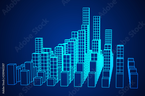 Mesh low poly wireframe cubes array like skyscraper city. Connected lines town. Connection Box Structure. Digital Data Visualization Concept. Vector Illustration.