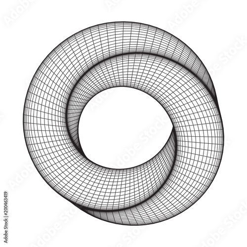 Mobius strip ring sacred geometry. Spatial figure with upturned surfaces. Optical illusion with dual circular contour. Wireframe low poly mesh vector illustration.