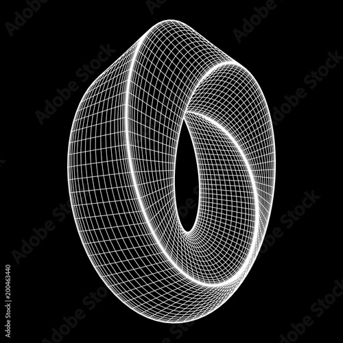 Mobius strip ring sacred geometry. Spatial figure with upturned surfaces. Optical illusion with dual circular contour. Wireframe low poly mesh vector illustration.