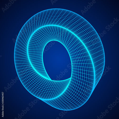 Mobius strip ring sacred geometry. Spatial figure with upturned surfaces. Optical illusion with dual circular contour. Wireframe low poly mesh vector illustration.