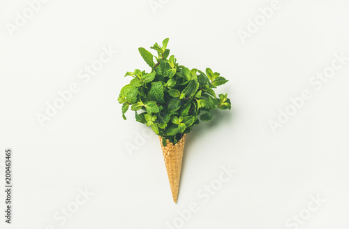 Flat-lay of waffle sweet cone with fresh leaves mint over white background, top view, horizontal composition. Spring or summer mood concept