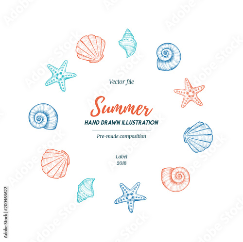 Summer seashell label. Hand drawn vector illustration. Marine pre-made composition. Perfect for invitations, greeting cards, posters, prints, banners, flyers etc © Kate Macate