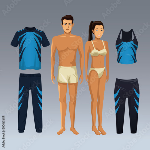Woman and man models with fitness sport wear vector illustration graphic design