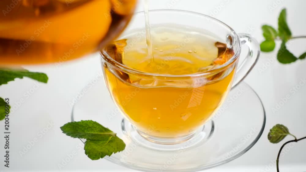 mint tea with leaves directly above, white background mint tea with leaves directly above, white background