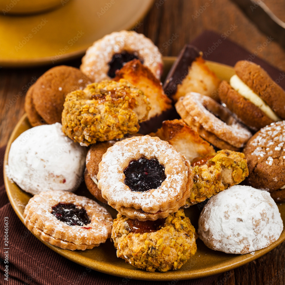 Homemade European Bakery Style Cookies Variety Flavors. Selective focus. Homemade European Bakery Style Cookies Variety Flavors. Selective focus.