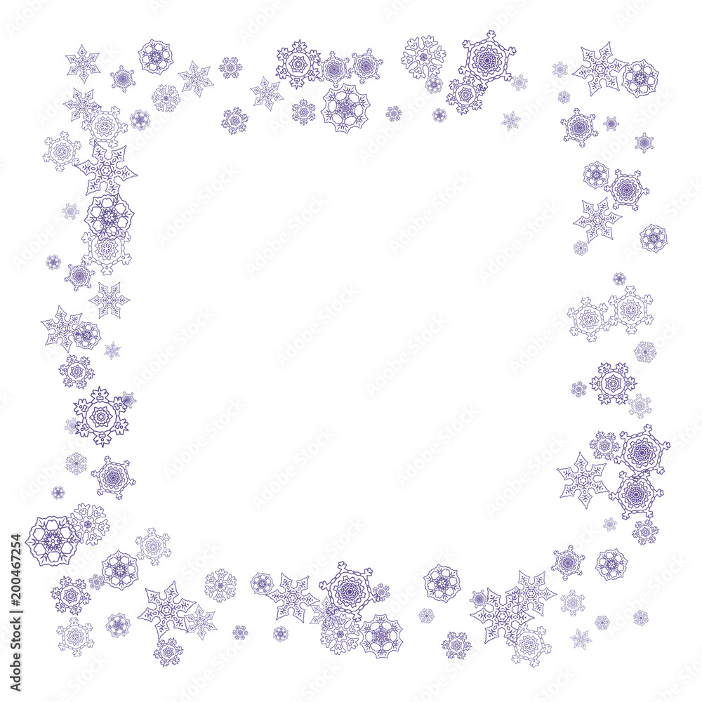 Xmas sales with ultra violet snowflakes. Winter border for gift coupons, vouchers, ads, party events. Christmas trendy background. Holiday banner for xmas sales. New Year frosty backdrop Xmas sales with ultra violet snowflakes. Winter border for gift coupons, vouchers, ads, party events. Christmas trendy background. Holiday banner for xmas sales. New Year frosty backdrop