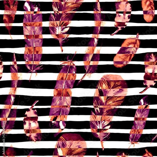 Seamless pattern with watercolor feathers. Can be used for textile print, design tile, wallpaper, abstract background.