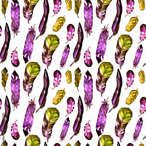 Seamless pattern with watercolor feathers. Can be used for textile print, design tile, wallpaper, abstract background.