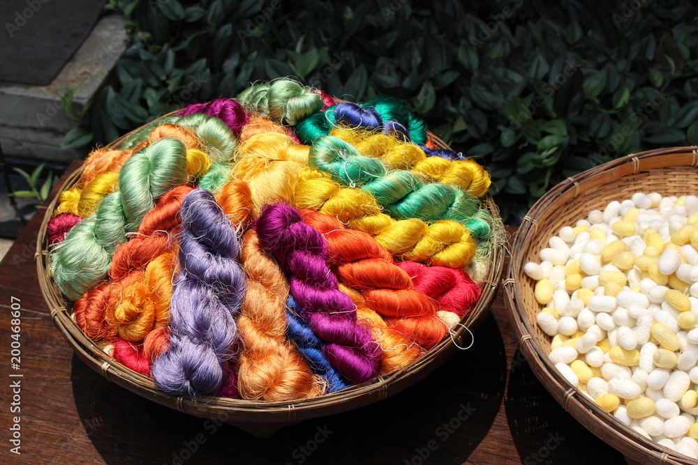 Bowl of  Variety coloured silk yarn at Thailand