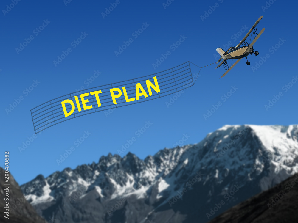 Diet Plan banner pulled by plane on mountain and sky background Diet Plan banner pulled by plane on mountain and sky background