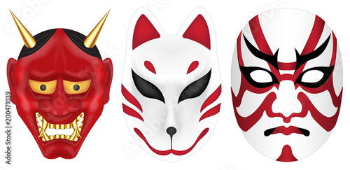 Murais de parede japan devil fox and labuki mask set