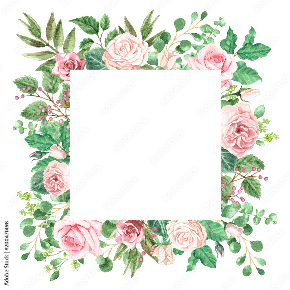 Watercolor Roses and Greenery Foliage Frame Watercolor Roses and Greenery Foliage Frame