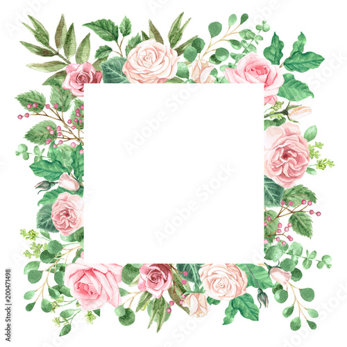 Watercolor Roses and Greenery Foliage Frame