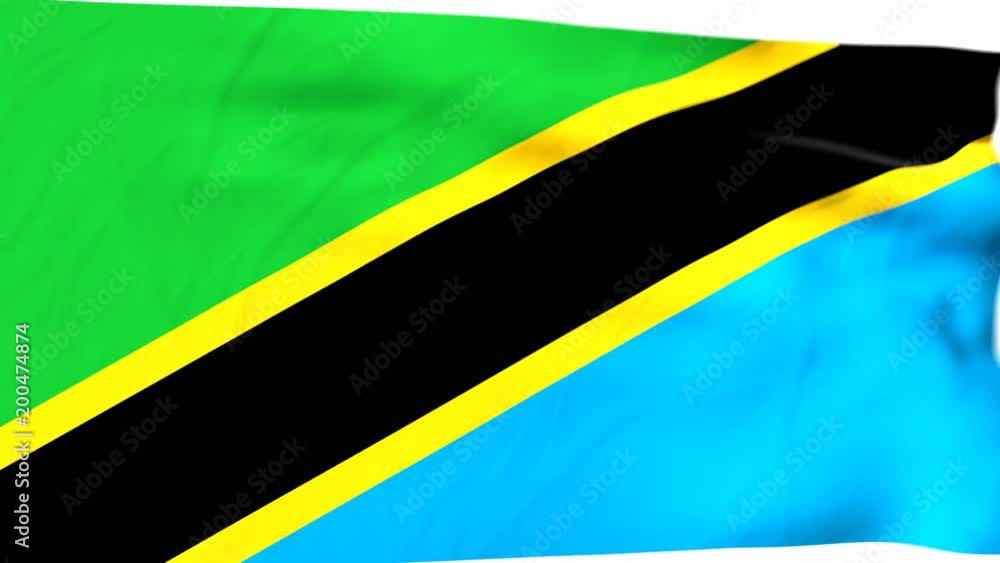The waving flag of Tanzania opens up the view to the position of Tanzania on a colored world map The waving flag of Tanzania opens up the view to the position of Tanzania on a colored world map